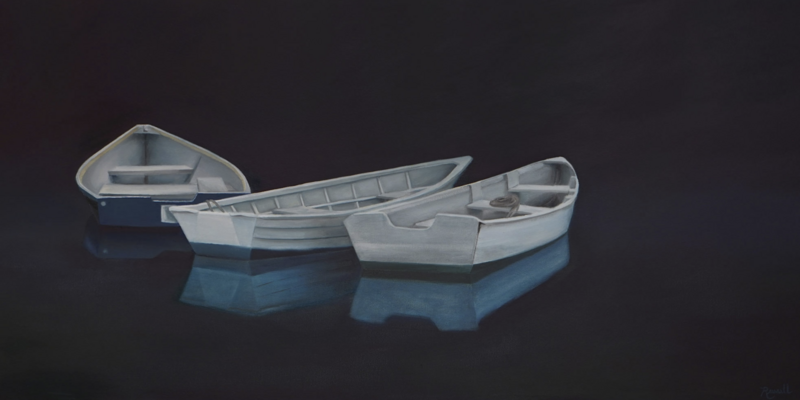 A painting titled Moonlight Gathering by Matthew Jay Russell, measuring 24 x 48 inches. The artwork features three white and blue dories floating close together on still, dark water, their soft reflections cast in the moonlit surface below. The background is a deep, near-black hue